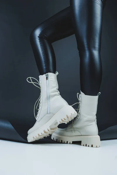 Close Female Legs Stylish Fashion Leather White Lace Shoes New — Stock Photo, Image