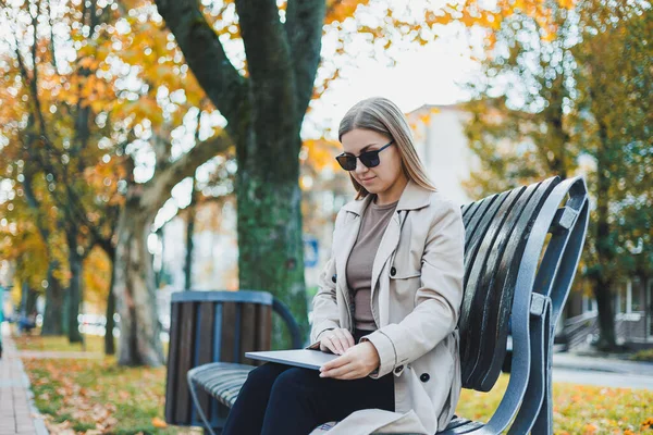 Bizneswoman Pracuje Laptopem Autumn Park Piękny Uśmiech Długie Włosy Duże — Zdjęcie stockowe