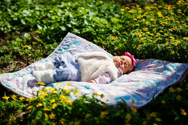 頭に弓を付けた赤ん坊は 緑の草の上で遊ぶ白い上に横たわっている 春は通りにあり 太陽は子供に輝いています — ストック写真