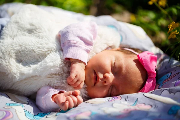 Primer Plano Bebé Con Lazo Cabeza Encuentra Cuadros Blancos Hierba — Foto de Stock