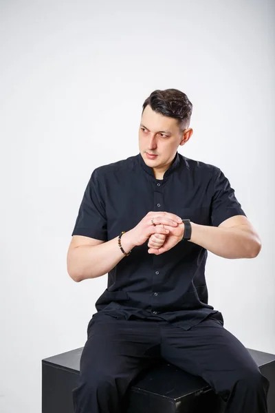 Adult Man European Appearance Wearing Black Medical Suit — Stock Photo, Image