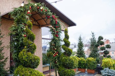 Evin yakınındaki sokakta yeşil Noel ağaçları var. Yeni yıl için güzel dekore edilmiş bahçe. Evin ön cephesinin Noel süsleri.