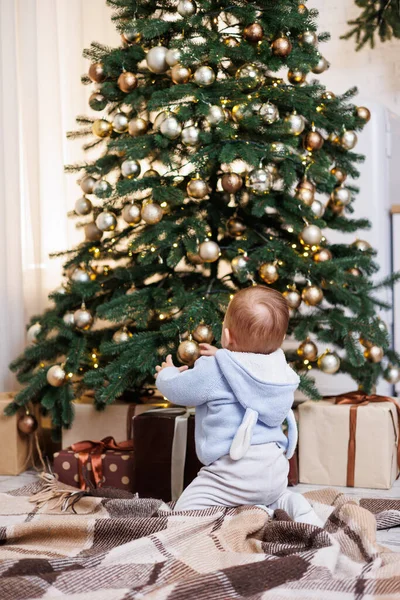 Year Old Little Boy Sits Christmas Tree Decorated Toys New — Stock Photo, Image