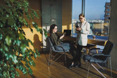 Smiling female colleagues collaborating indoors at table, woman wearing glasses and using laptop and showing partner. Business relations of serel colleagues in the office. Team work of colleagues