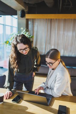 Smiling female colleagues working on new project at laptop, working in modern spacious office with large windows. Woman in glasses and casual clothes in the office.