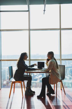 Two female co-workers and colleagues discussing working together on business project using laptop, female executive explaining new online idea to co-worker analyzing compute