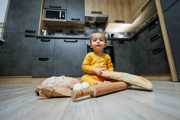 A cute one-year-old boy is sitting in the kitchen and eating a long bread or baguette in the kitchen. The first eating of bread by a child. Bread is good for children