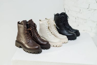 Stylish women's leather brown boots on white background, women's spring shoes close-up. Fashionable boots for women. Selective focus