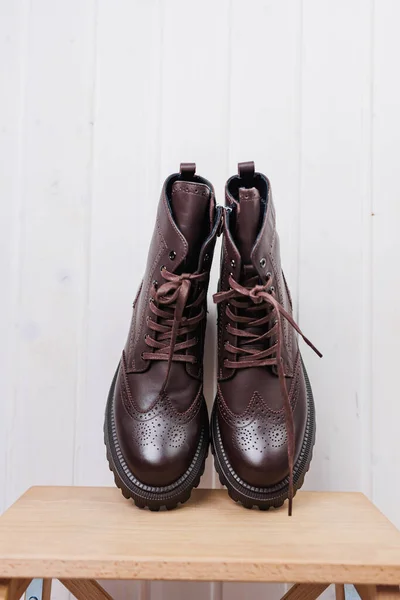 Women Burgundy Leather Boots Women Spring Autumn Shoes 2023 — 스톡 사진
