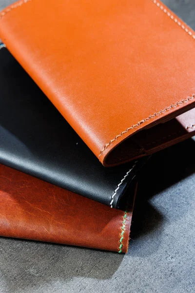 Black Leather Cardholder Gray Background Handmade Leather Products — Stock Photo, Image
