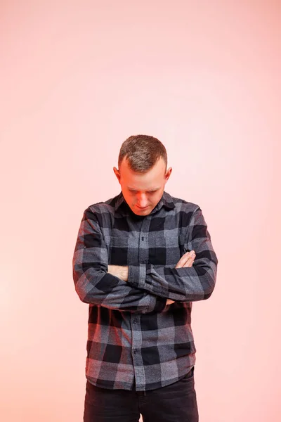 Young Positive Smiling Man Checkered Shirt Pink Background Place Text — Stock Photo, Image