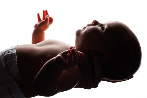 Pequeño Bebé Lindo Acostado Brazos Sobre Fondo Blanco Bebé Recién — Foto de Stock