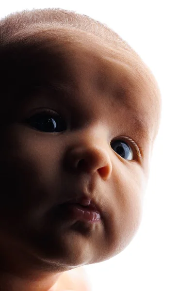 Kleine Schattige Baby Liggend Armen Witte Achtergrond Een Pasgeboren Baby — Stockfoto