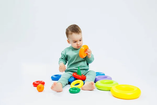 Cheerful Little Boy Sitting Plastic Educational Toys White Background Child — Stock Photo, Image