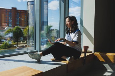 İş sırasında dizüstü bilgisayarında yaratıcı fikirler arayan başarılı bir kadın. Modern çalışma alanında otururken internet üzerinden iş haberleri okuyan pozitif kız öğrenci
