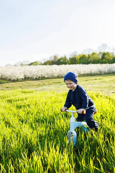 快乐的情绪孩子 一个快乐的男孩在花园里的绿草上走在孩子们慢跑的路上 儿童的跑道 — 图库照片