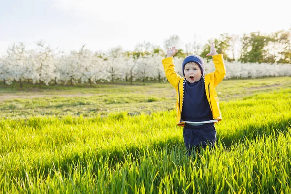 Cute Little Three Year Old Boy Yellow Jacket Cap Running — Stock Photo, Image