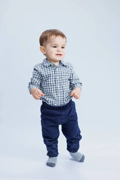 Little Boy One Year Old White Background Checkered Shirt Small Royalty Free Stock Images