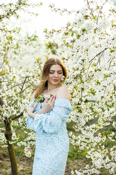 Yazlık Mavi Elbiseli Sevimli Bir Kadın Bahçede Çiçek Açan Bir — Stok fotoğraf
