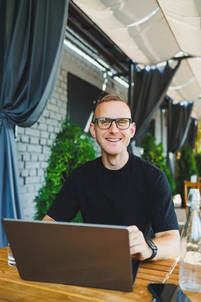 Young Man Freelancer Developer Enjoying Coffee Break Summer Terrace Cozy Stock Picture