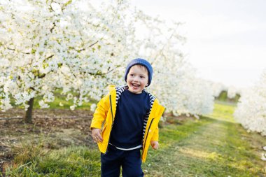 Mutlu küçük bir çocuk çiçek açan bir bahçede koşuyor. Mutlu çocukluk.