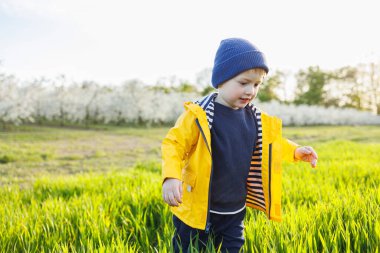 Sarı ceketli gülümseyen küçük bir çocuk çiçek açan bir bahçede koşuyor. Mutlu çocukluk.