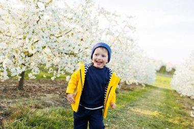 Mutlu küçük bir çocuk çiçek açan bir bahçede koşuyor. Mutlu çocukluk.