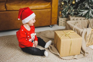 1 yaşındaki küçük bir çocuk bir sepetin içinde Noel ağacının arka planında oturuyor. Yeni yıl rüzgarında bir çocuk Noel ağacının yanında