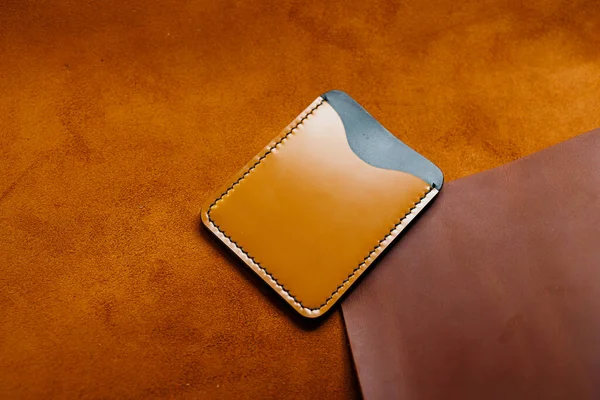 Handmade brown leather card holder. Handmade products made of genuine leather.