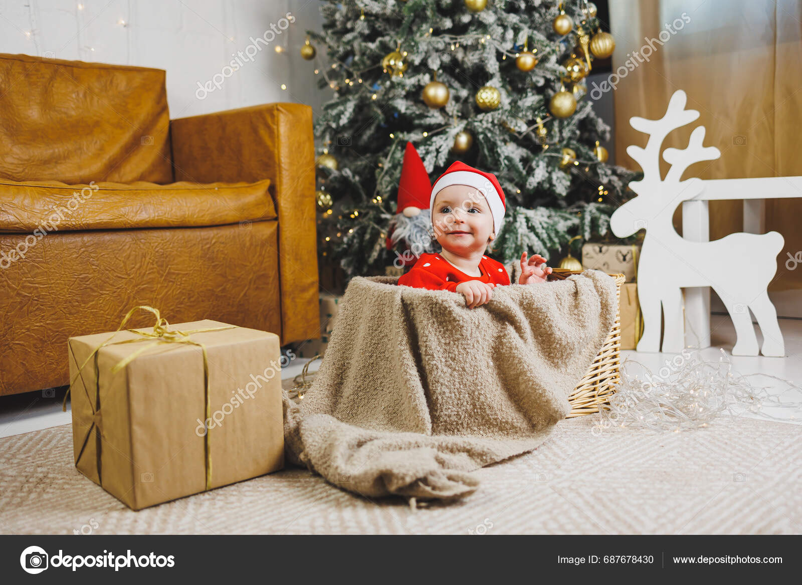 Little One Year Old Boy Christmas Tree Idea Children's Photo Stock