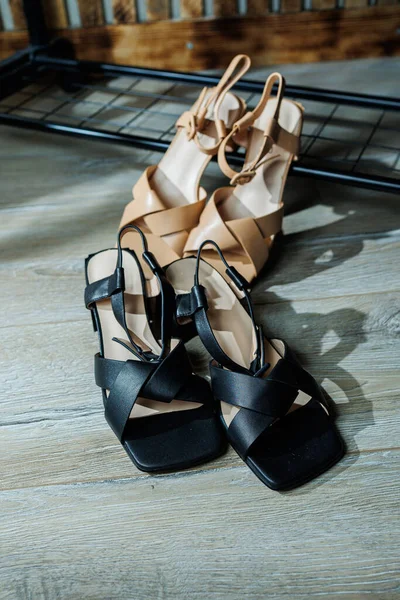 stock image Black leather heeled sandals, summer sandals for women.