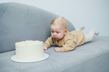 4 aylık küçük bir çocuk tatlı bir pastaya doğru sürünüyor. Yeni doğmuş bej elbiseli bir çocuk kanepenin üzerinde kekin üzerinde sürünüyor..