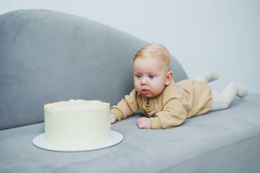 4 aylık küçük bir çocuk tatlı bir pastaya doğru sürünüyor. Yeni doğmuş bej elbiseli bir çocuk kanepenin üzerinde kekin üzerinde sürünüyor..