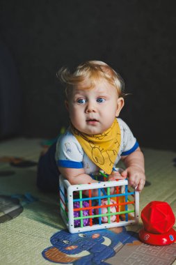 6 aylık küçük bir çocuk gelişim minderinin üzerinde oturuyor ve taşaklı bir sınıflandırıcıyla oynuyor. Bebekler için eğitici oyunlar. Çocuklarda el hareketliliğinin gelişimi