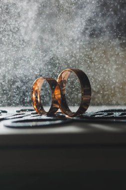 Yeni evlilere altın alyanslar. Düğün için değerli alyanslar.