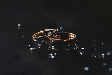 Yeni evlilere altın alyanslar. Düğün için değerli alyanslar.