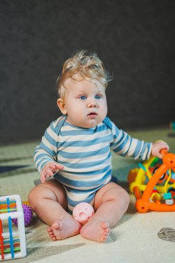 7 aylık bir çocuğun yerde oturup oyuncaklarla oynadığı fotoğraf. Çocuk gülümsüyor ve oyuncaklarla oynuyor..