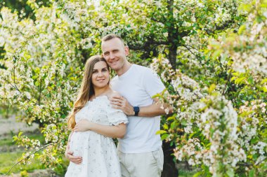 Sevecen, romantik, hamile bir çift çiçek açan elma bahçesinde sarılıyor. Beyaz çiçek açan ağaçların parkında beklenen ebeveynler. Bir çift bebek bekliyor.