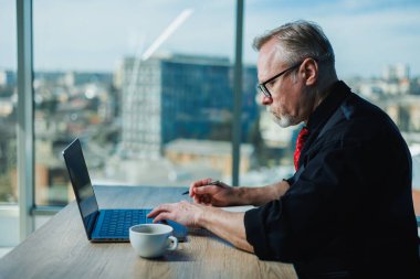 Gri saçlı, stil sahibi, serbest çalışan, iş yerindeki gri saçlı iş adamı. Ofiste sakallı bir patron var.
