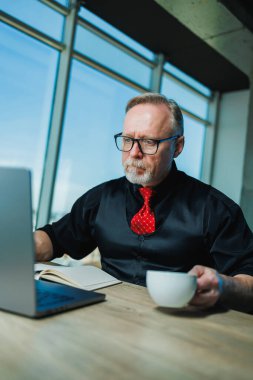 Gri saçlı, stil sahibi, serbest çalışan, iş yerindeki gri saçlı iş adamı. Ofiste sakallı bir patron var.