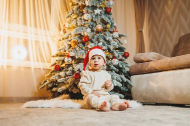 Noel Baba şapkalı, Noel ağacı olan şirin bir çocuk. Çocuklar için yeni yıl. Noel ağacı. Evde Noel atmosferi.