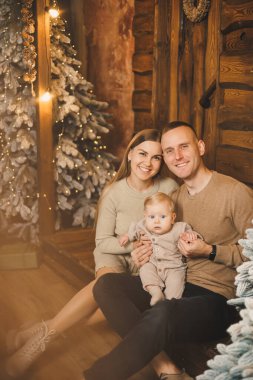 Noel ağacının yanında mutlu bir aile. Genç bir anne ve baba, oğullarını kollarına alıp ona bir şey gösterir. Aile içinde yeni yıl..