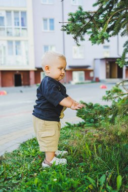 Çocuk parkında açık havada yaz elbisesi giymiş bir çocuk. Bir yaşında bir çocuk, yüksek binaların yakınındaki modern bir avluda yürüyor. Çok katlı bir binada çocuk parkı.