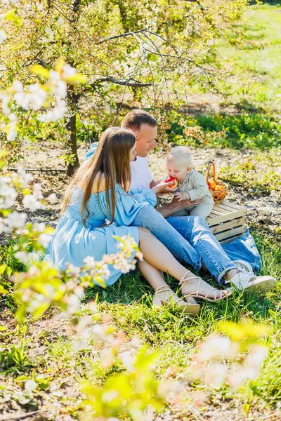 stock image Father and mother holding little son in nature, concept of beautiful family bonds. Family portrait of parents with a little son. The concept of a happy family