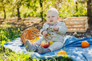 Küçük bir çocuk sonbaharda meyveyle birlikte parkta çimlerin üzerinde oturuyor. Çocuk parkta çimlerin üzerinde oturuyor..