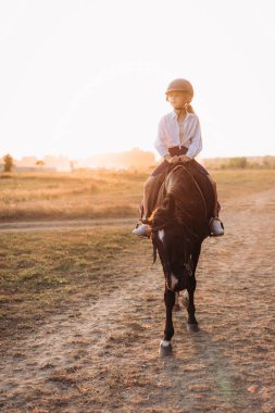 Genç bir binici, altın bir günbatımının çarpıcı renkleri altında at sürerken huzurlu bir anın tadını çıkarır.