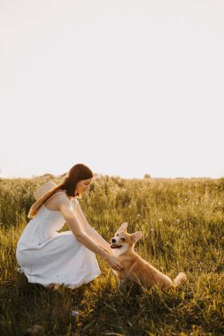 Gün batımında köpeğiyle oynayan beyaz elbiseli hoş bir genç kadın. Bir köpekle yaz yürüyüşü. İnsanın en iyi arkadaşı sevimli bir köpektir..