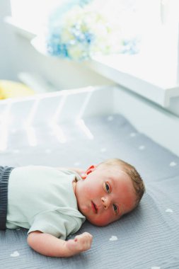 Yeni doğmuş bir bebek, parlak doğal ışıkla çevrili yumuşak bir battaniyenin üzerinde huzur içinde yatar. Huzurlu bir masumiyet anı yaratır ve erken çocukluk sevincini yakalar.