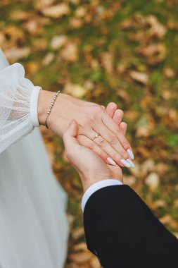 Birbirine sarılmış çiftlerin yakın bir görüntüsü çarpıcı bir sonbahar ortamında derin aşklarını neşeyle kutluyorlar.