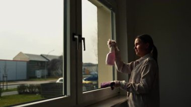 Genç bir kadın pencereyi özel bir kimyasal maddeyle temizliyor. Cam temizleyici ve mikrofiber kullanıyor..